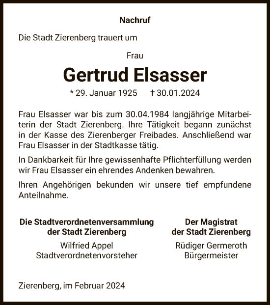 Traueranzeige von Gertrud Elsasser von HNA