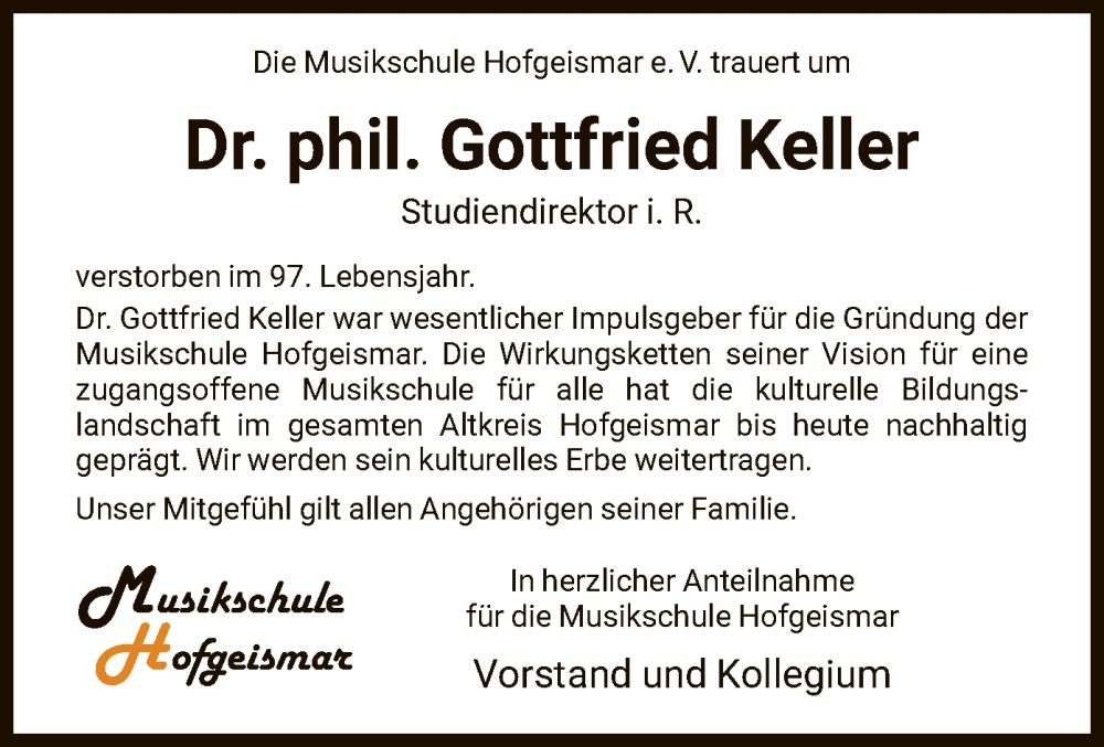  Traueranzeige für Gottfried Keller vom 14.02.2024 aus HNA