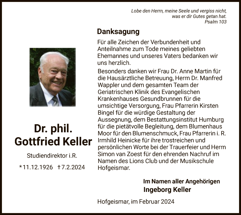  Traueranzeige für Gottfried Keller vom 24.02.2024 aus HNA