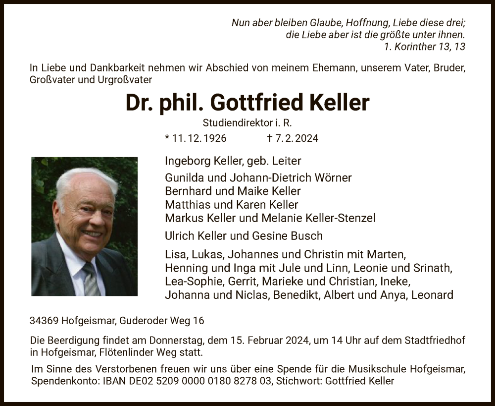  Traueranzeige für Gottfried Keller vom 10.02.2024 aus HNA