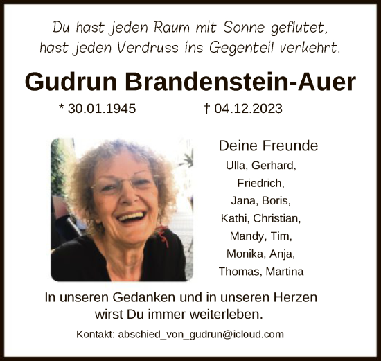 Traueranzeige von Gudrun Brandenstein-Auer von HNA