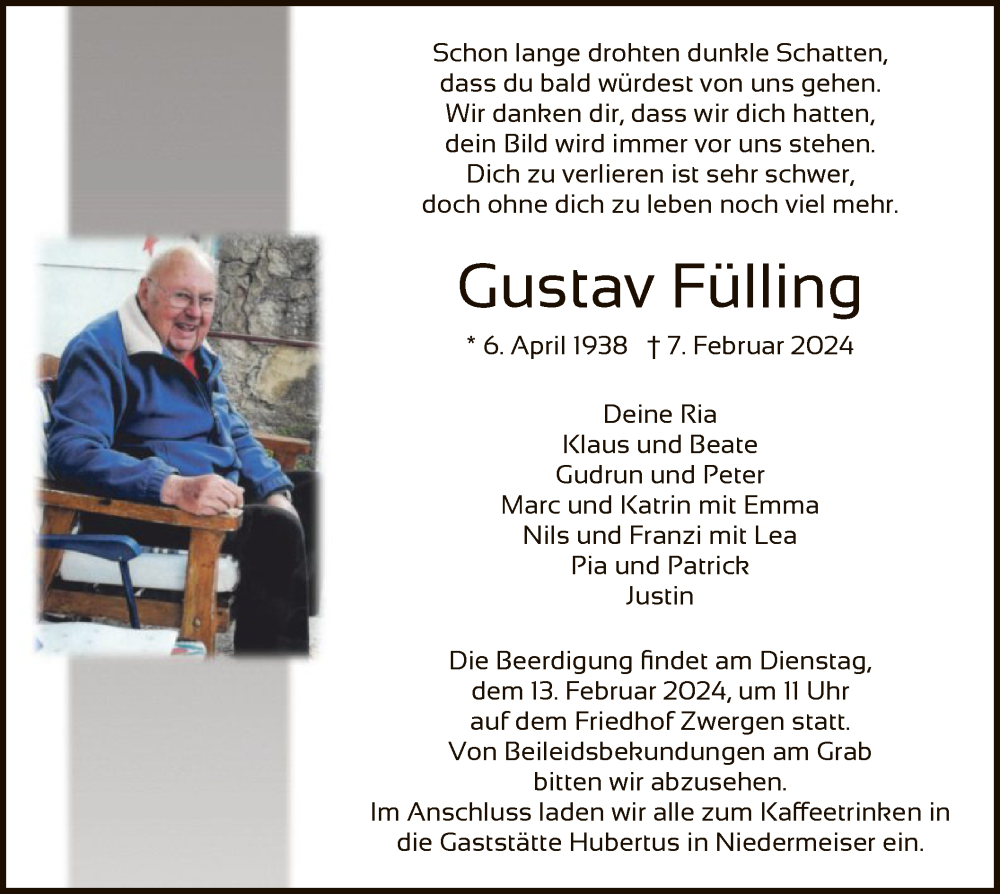  Traueranzeige für Gustav Fülling vom 10.02.2024 aus HNA