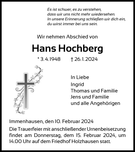 Traueranzeige von Hans Hochberg von HNAHNA