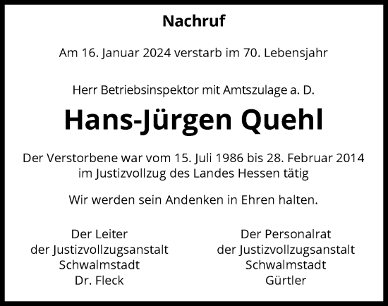 Traueranzeige von Hans-Jürgen Quehl von HNA