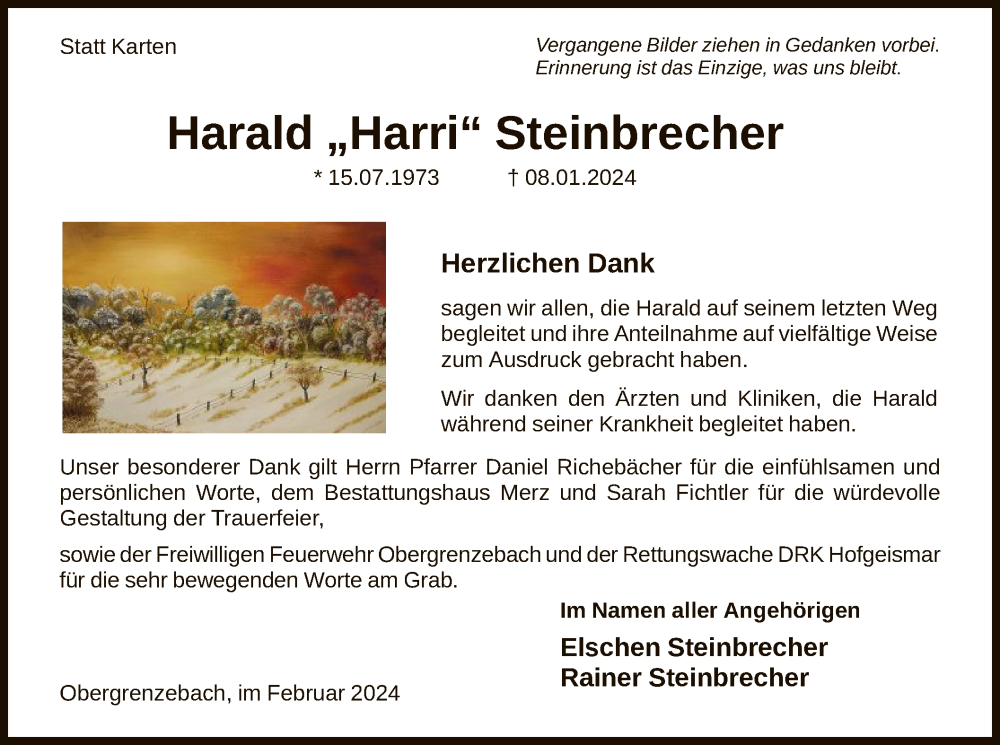  Traueranzeige für Harald Steinbrecher vom 10.02.2024 aus HNAHNA