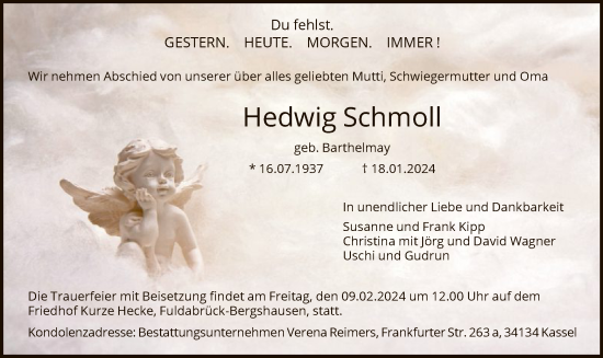 Traueranzeige von Hedwig Schmoll von HNA