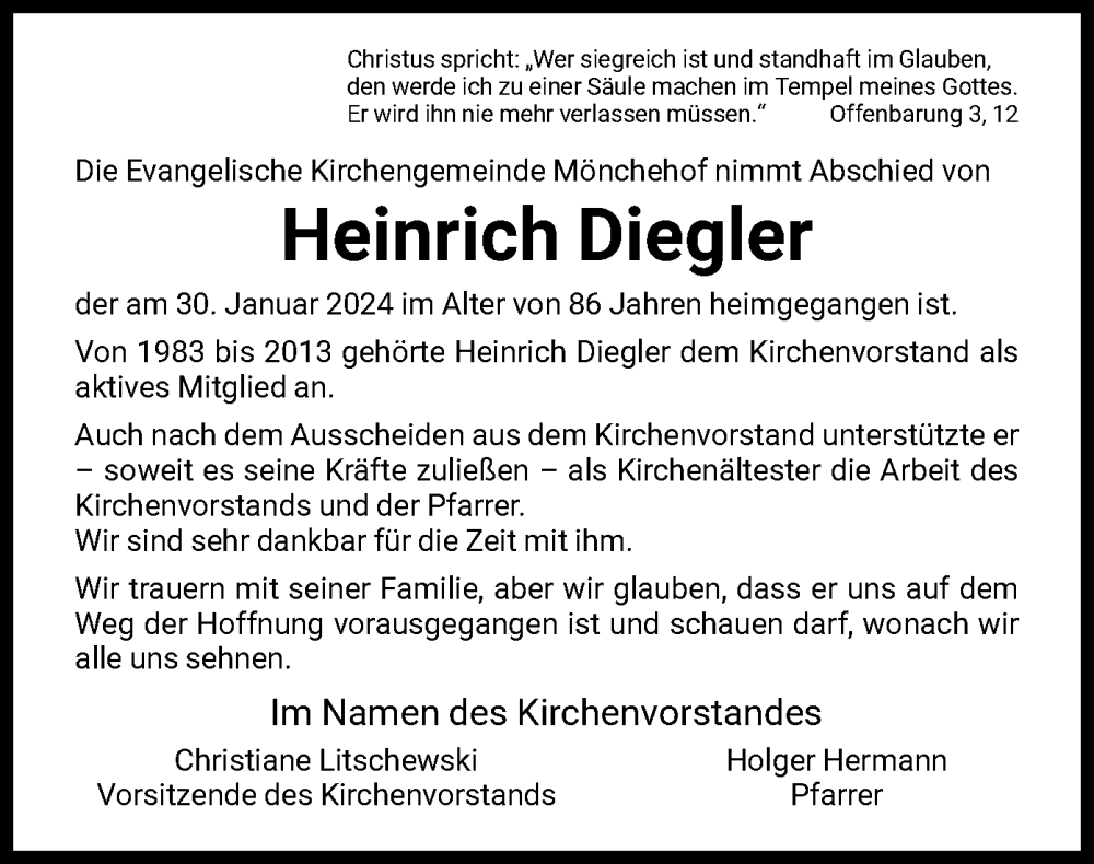  Traueranzeige für Heinrich Diegler vom 01.02.2024 aus HNA