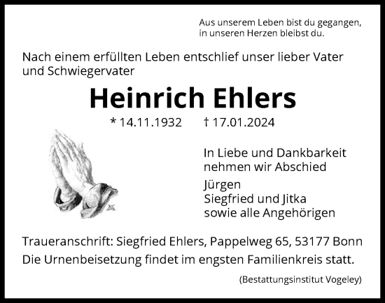 Traueranzeige von Heinrich Ehlers von HNA