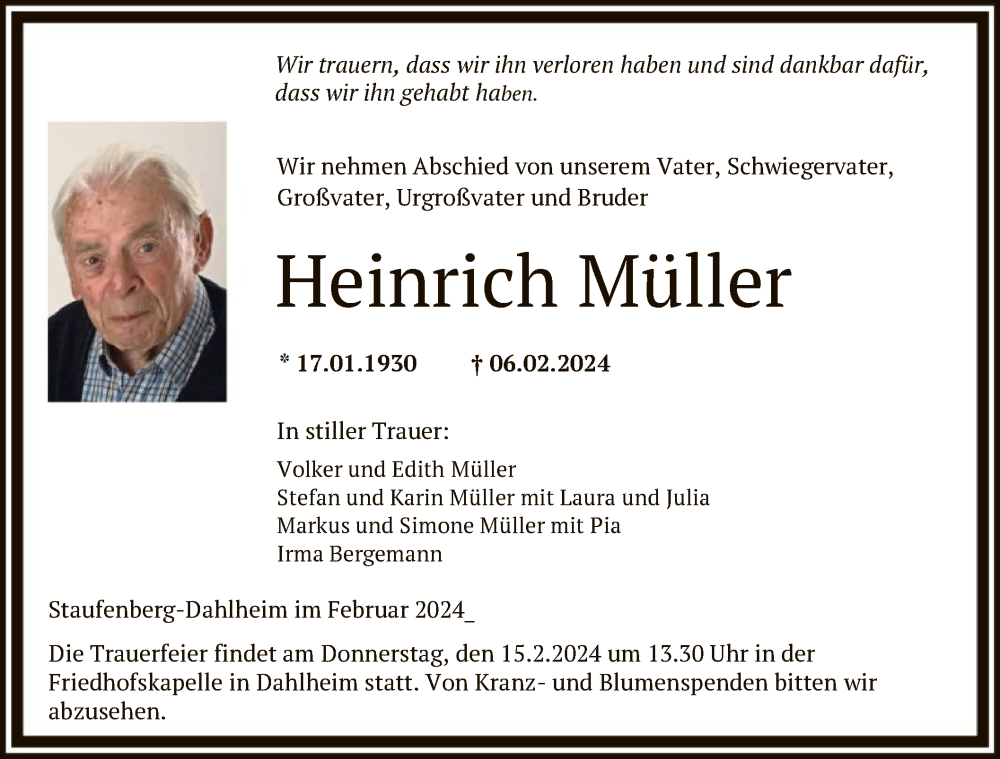 Traueranzeige für Heinrich Müller vom 10.02.2024 aus HNA
