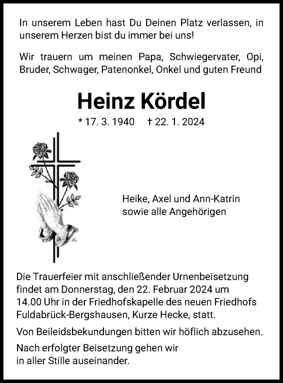 Traueranzeige von Heinz Kördel von HNA