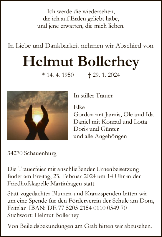 Traueranzeige von Helmut Bollerhey von HNA