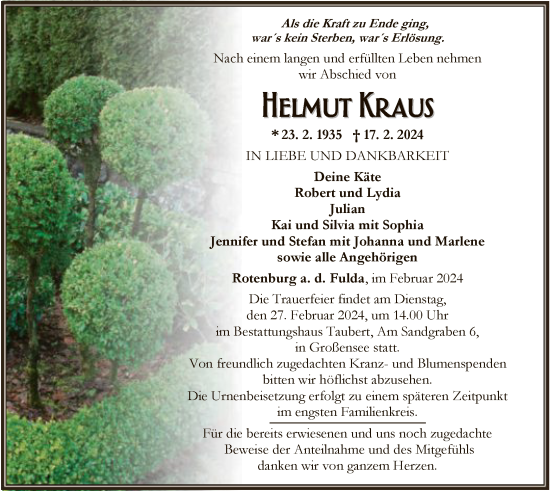Traueranzeige von Helmut Kraus von HNA
