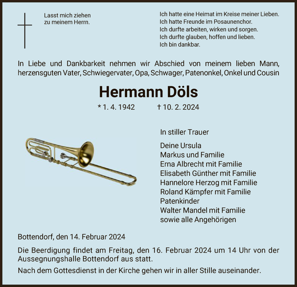  Traueranzeige für Hermann Döls vom 14.02.2024 aus HNA