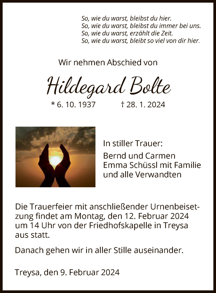  Traueranzeige für Hildegard Bolte vom 09.02.2024 aus HNA