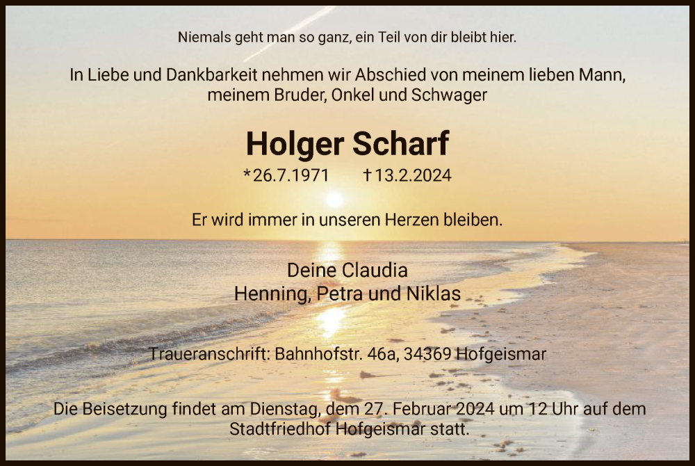  Traueranzeige für Holger Scharf vom 23.02.2024 aus HNA