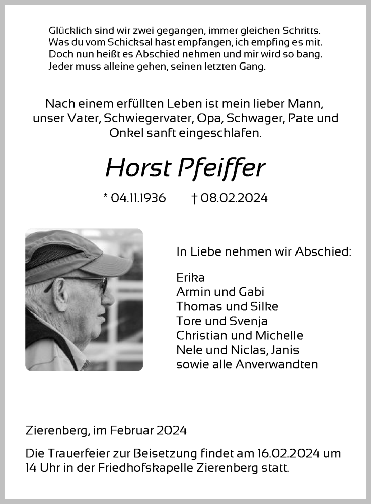  Traueranzeige für Horst Pfeiffer vom 14.02.2024 aus HNA