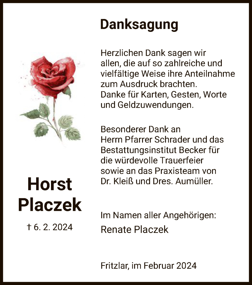  Traueranzeige für Horst Placzek vom 24.02.2024 aus HNA