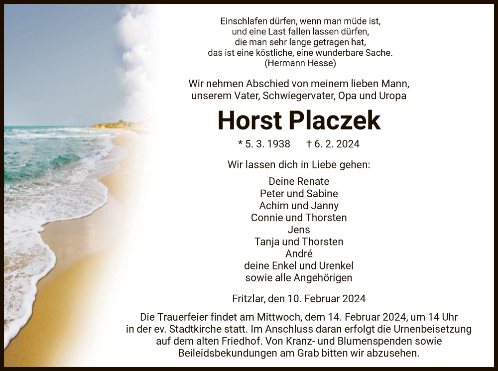  Traueranzeige für Horst Placzek vom 10.02.2024 aus HNA