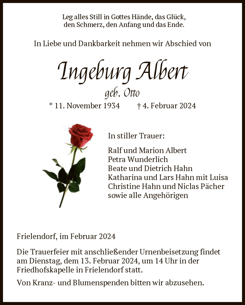  Traueranzeige für Ingeburg Albert vom 09.02.2024 aus HNAHNA