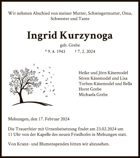 Traueranzeige von Ingrid Kurzynoga von HNA