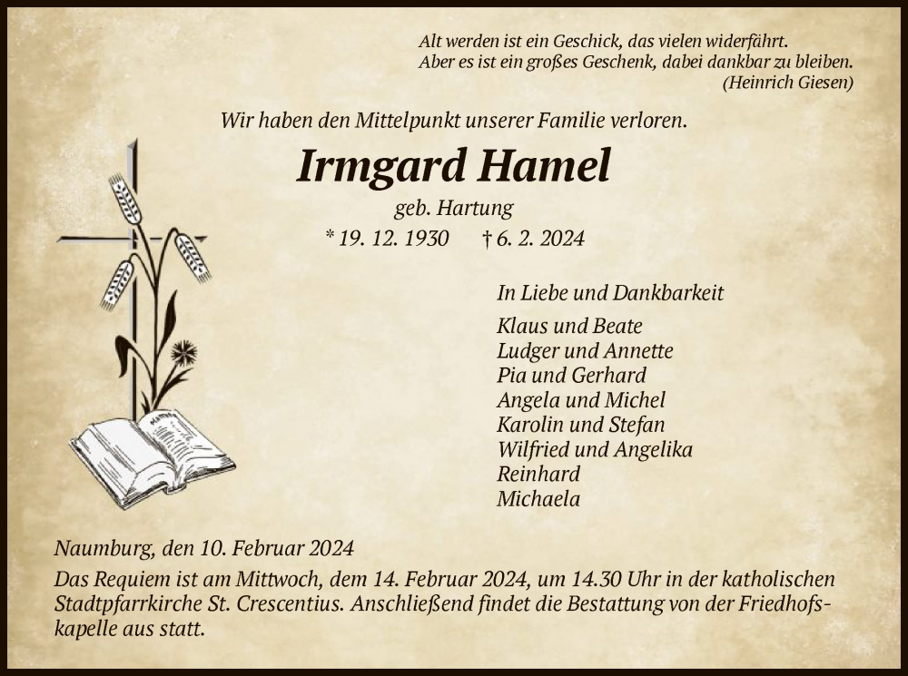  Traueranzeige für Irmgard Hamel vom 10.02.2024 aus HNA