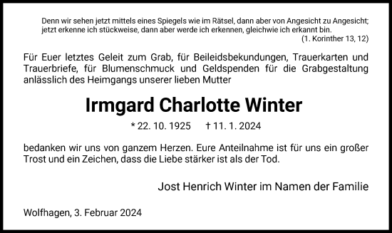 Traueranzeige von Irmgard Charlotte Winter von HNA