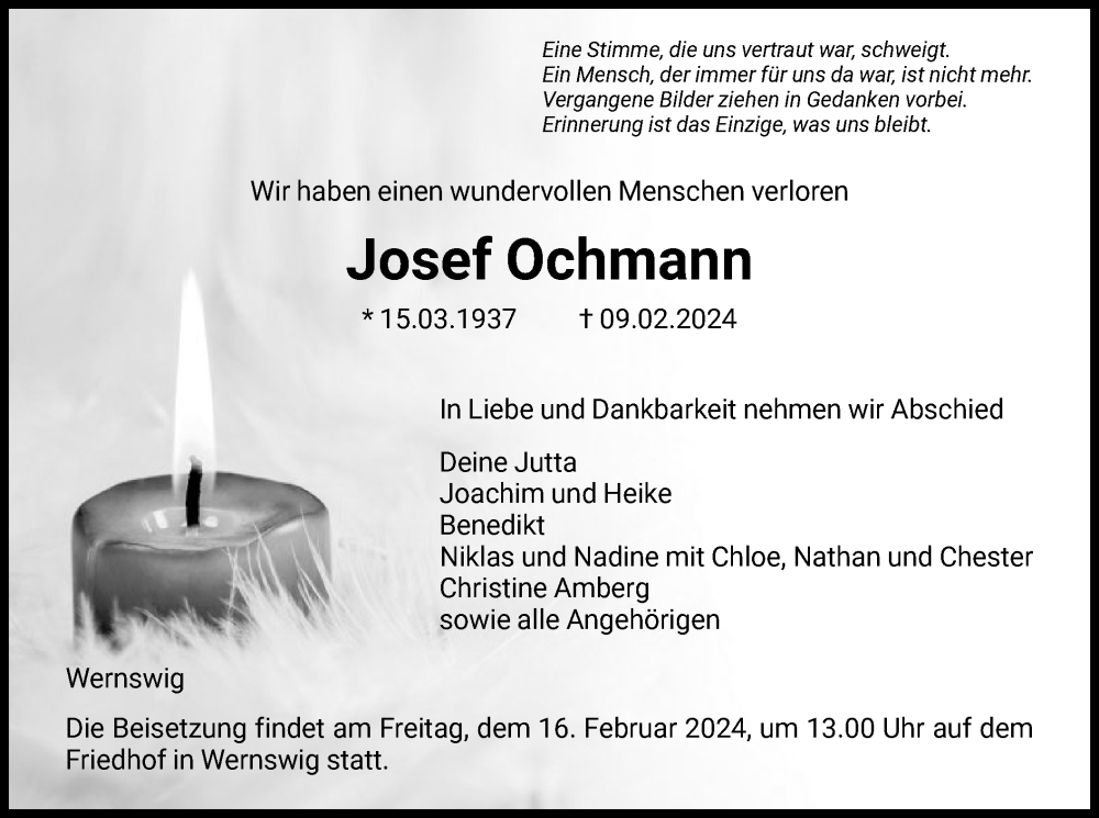  Traueranzeige für Josef Ochmann vom 13.02.2024 aus HNA
