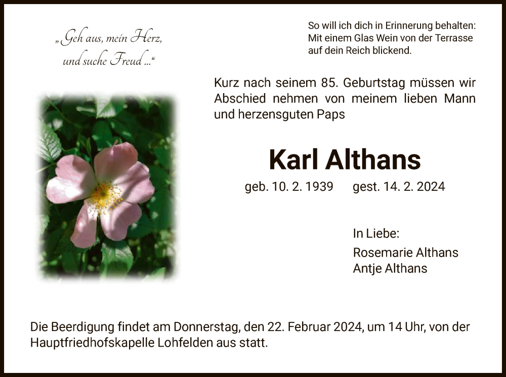  Traueranzeige für Karl Althans vom 17.02.2024 aus HNAHNA