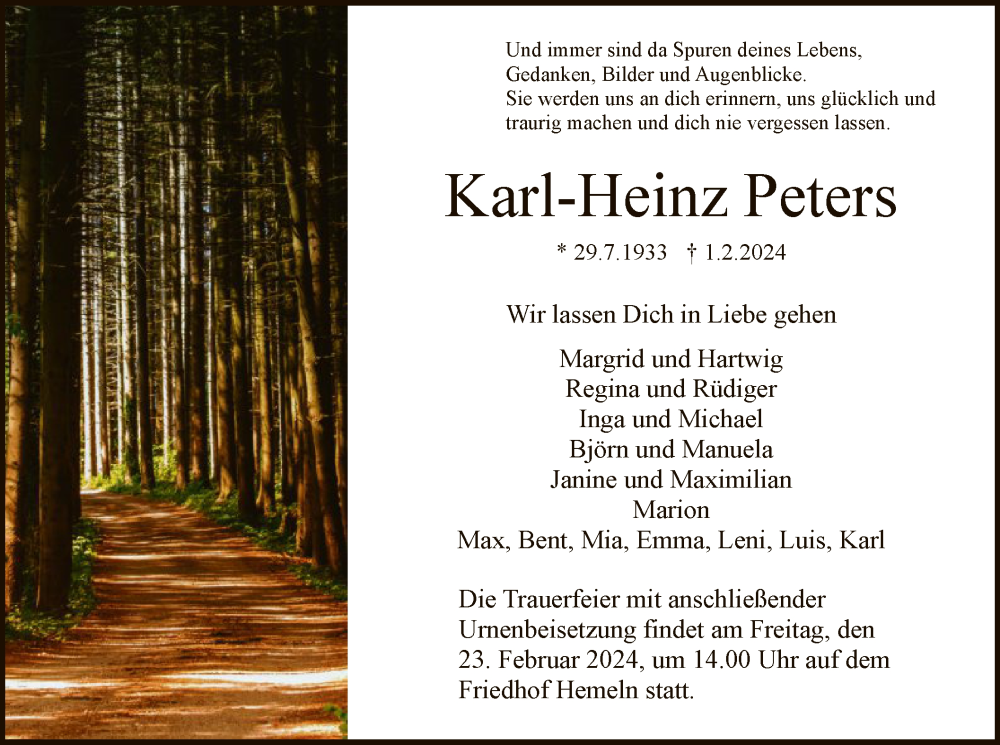  Traueranzeige für Karl-Heinz Peters vom 17.02.2024 aus HNA