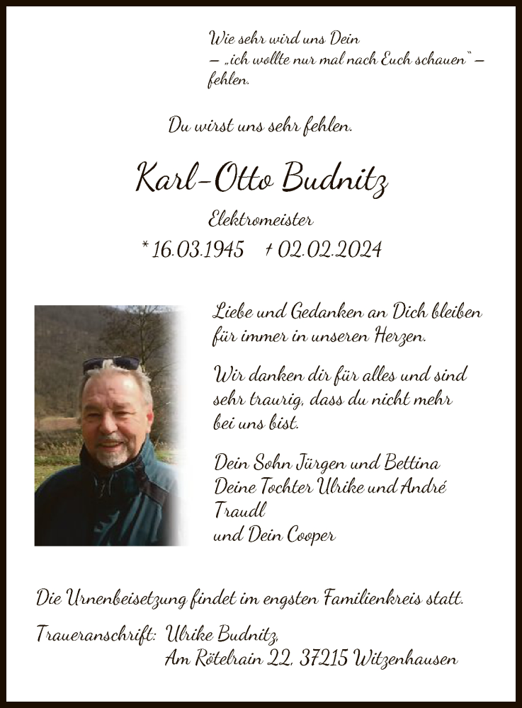  Traueranzeige für Karl-Otto Budnitz vom 17.02.2024 aus HNA