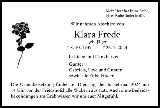 Traueranzeige von Klara Frede von HNA