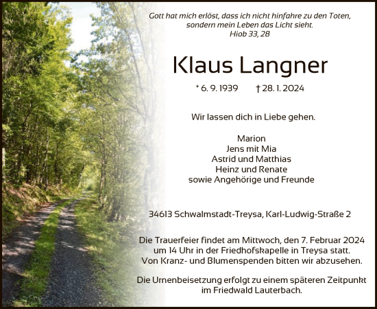 Traueranzeige von Klaus Langner von HNA