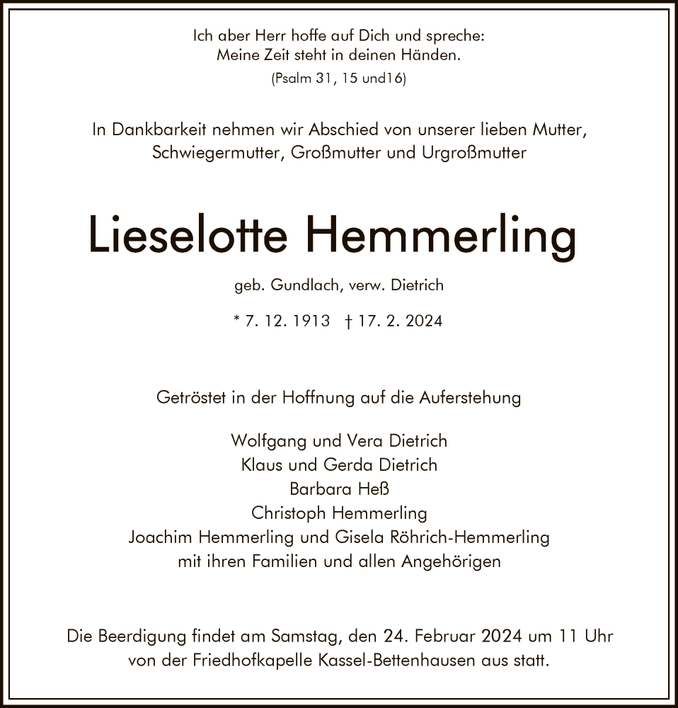  Traueranzeige für Lieselotte Hemmerling vom 21.02.2024 aus HNA