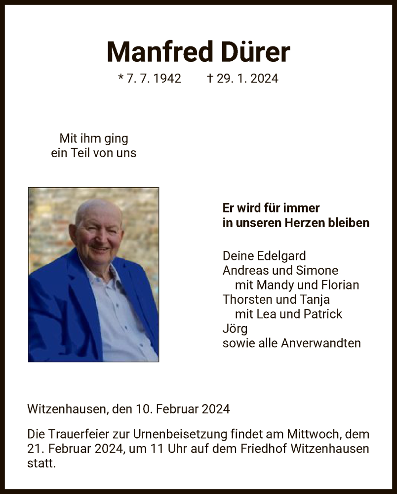  Traueranzeige für Manfred Dürer vom 10.02.2024 aus HNA