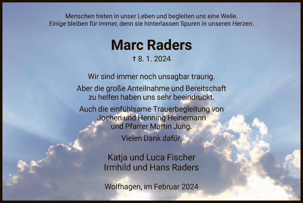  Traueranzeige für Marc Raders vom 10.02.2024 aus HNA