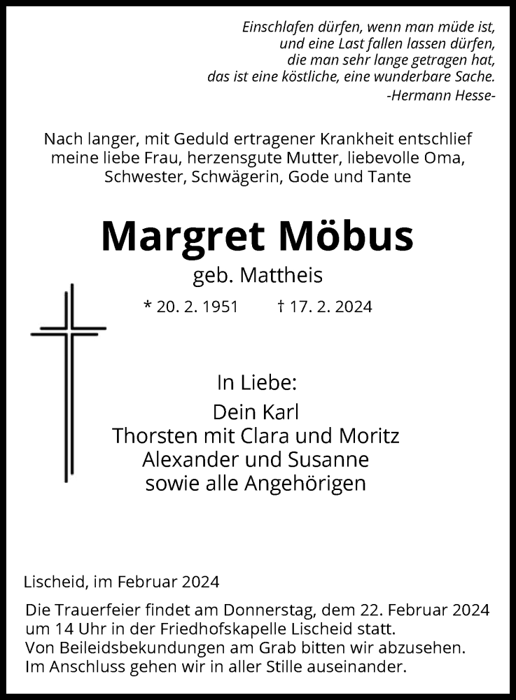  Traueranzeige für Margret Möbus vom 21.02.2024 aus HNA