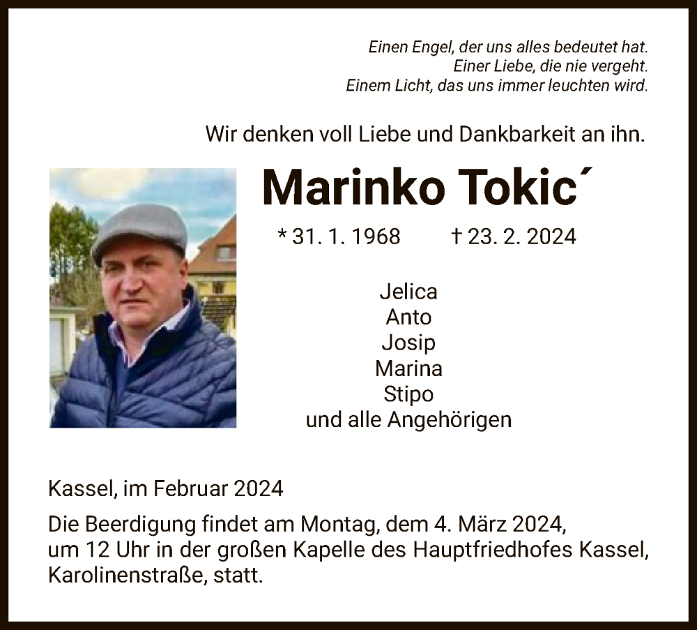  Traueranzeige für Marinko Tokic vom 28.02.2024 aus HNA