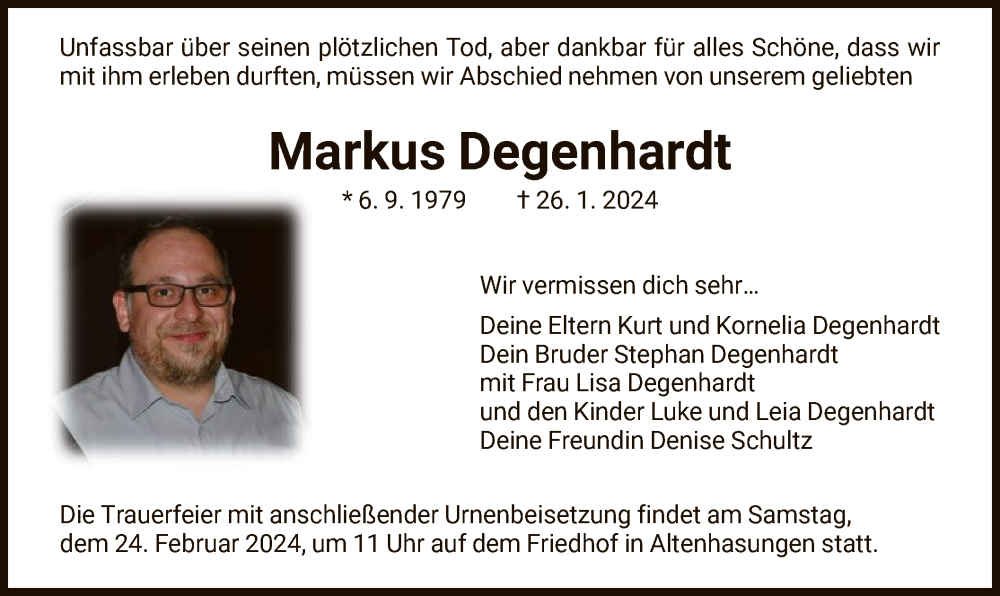  Traueranzeige für Markus Degenhardt vom 17.02.2024 aus HNA