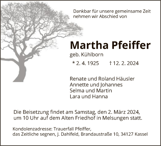 Traueranzeige von Martha Pfeiffer von HNA