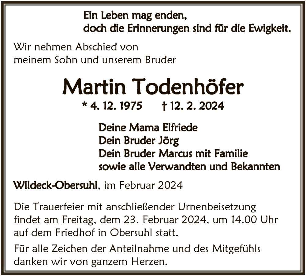  Traueranzeige für Martin Todenhöfer vom 17.02.2024 aus HNA