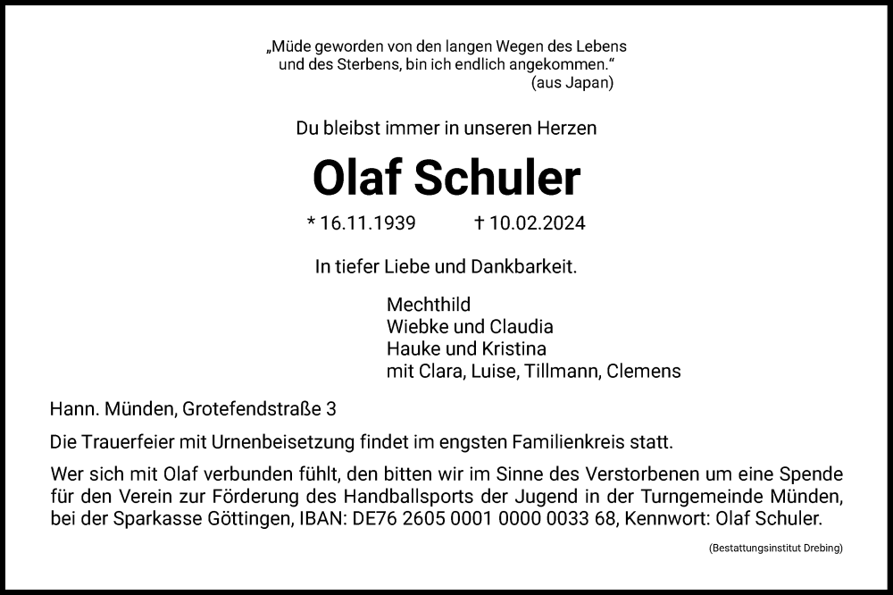  Traueranzeige für Olaf Schuler vom 17.02.2024 aus HNA