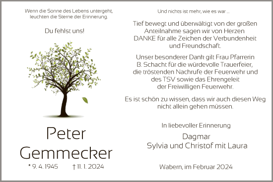 Traueranzeige von Peter Gemmecker von HNA