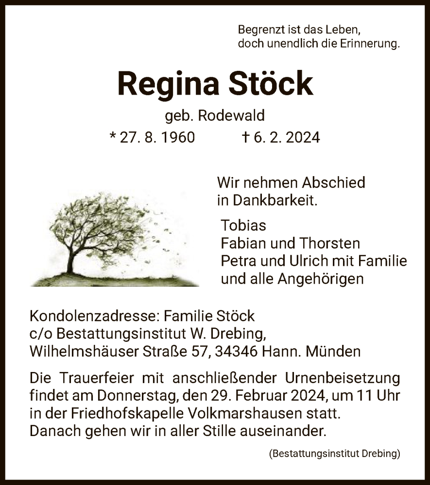  Traueranzeige für Regina Stöck vom 24.02.2024 aus HNA