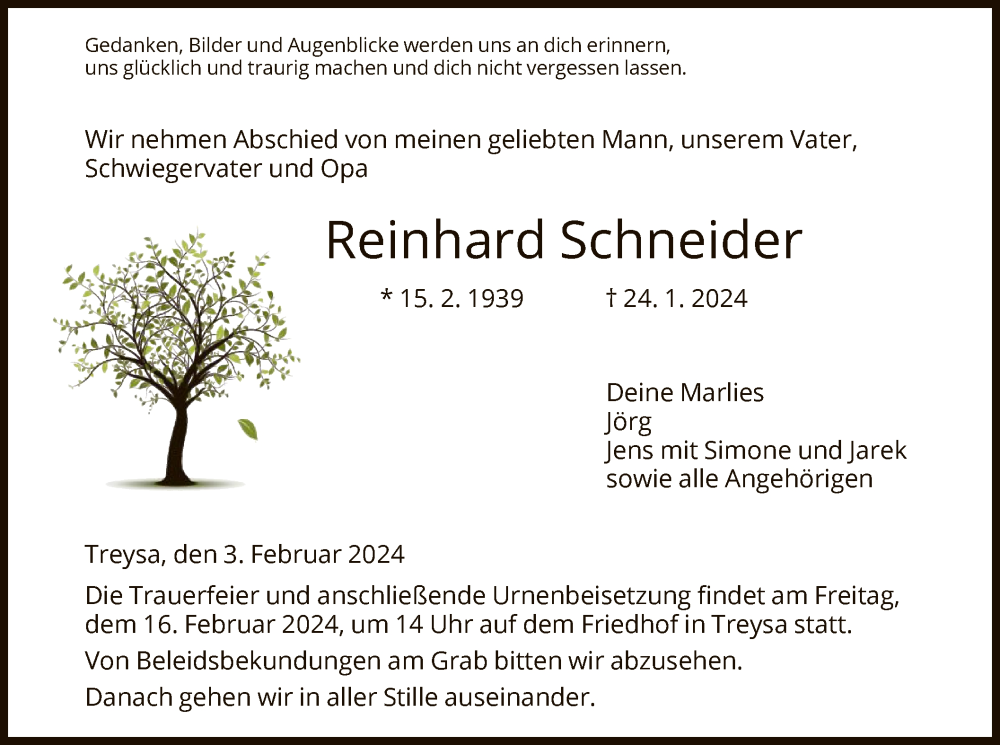  Traueranzeige für Reinhard Schneider vom 03.02.2024 aus HNA