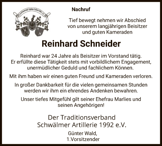 Traueranzeige von Reinhard Schneider von HNA