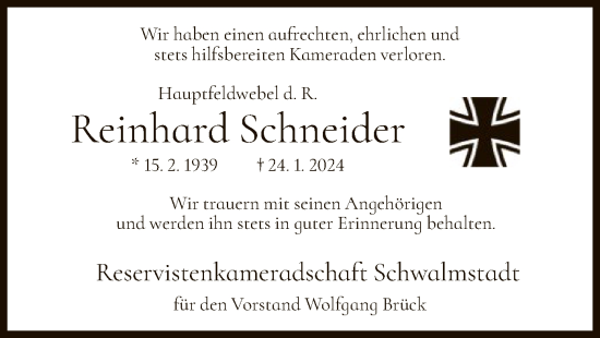 Traueranzeige von Reinhard Schneider von HNA