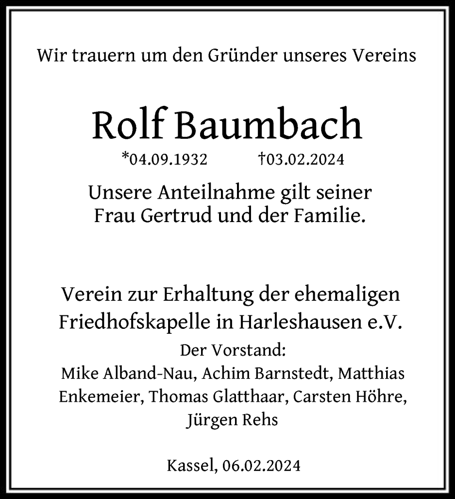  Traueranzeige für Rolf Baumbach vom 10.02.2024 aus HNA