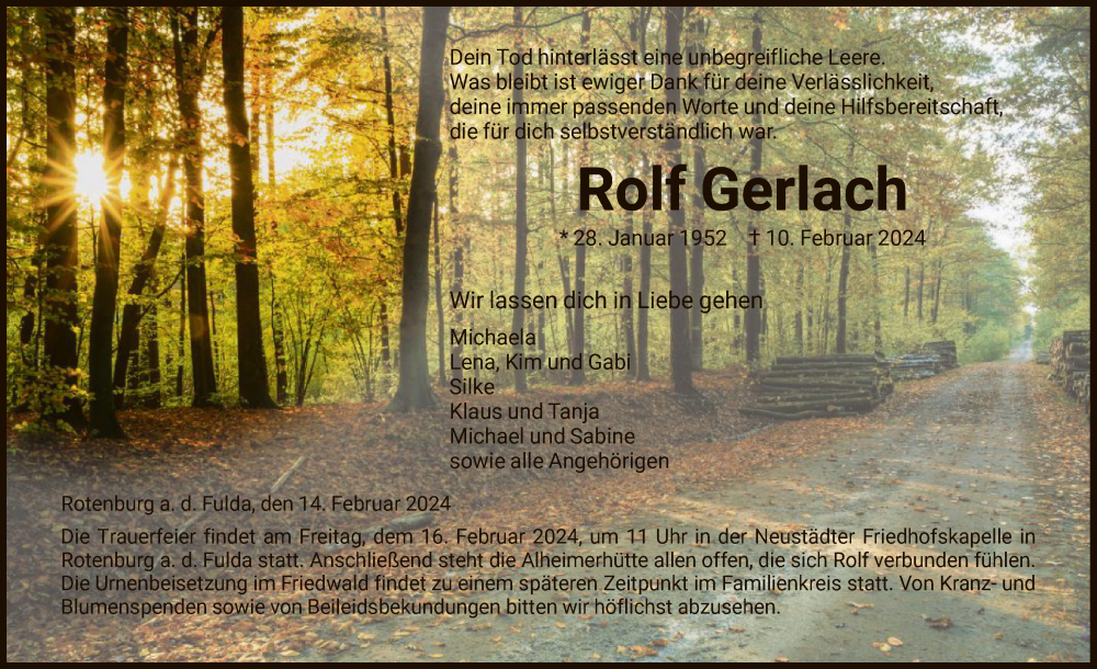  Traueranzeige für Rolf Gerlach vom 14.02.2024 aus HNA