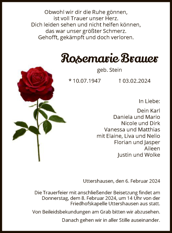 Traueranzeige von Rosemarie Brauer von HNA