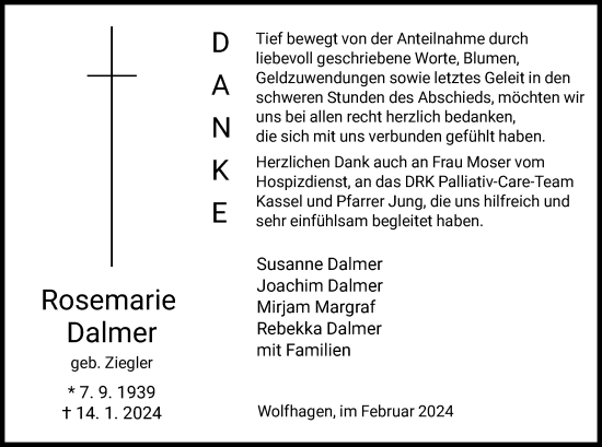 Traueranzeige von Rosemarie Dalmer von HNA